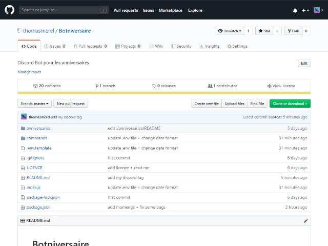 Screenshot of github's page of Botniversaire.